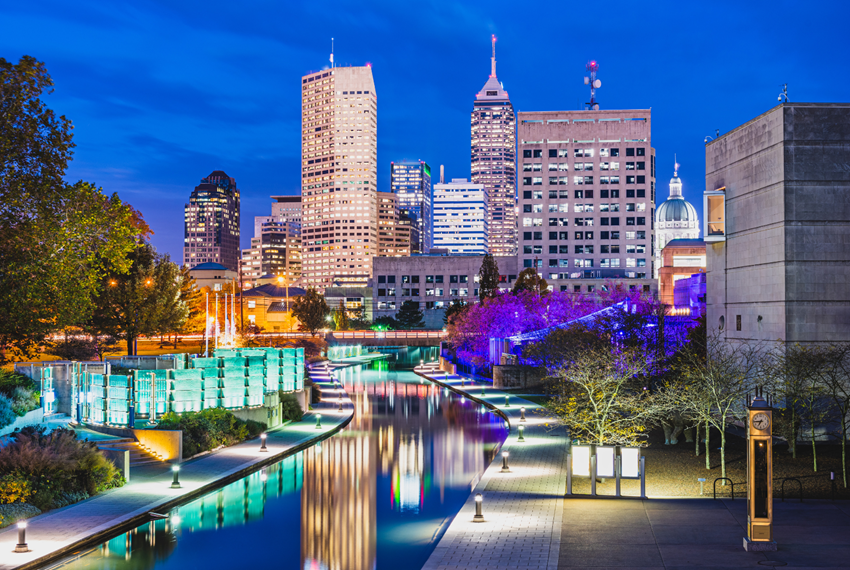 image of Indianapolis skyline at night, brightly lit