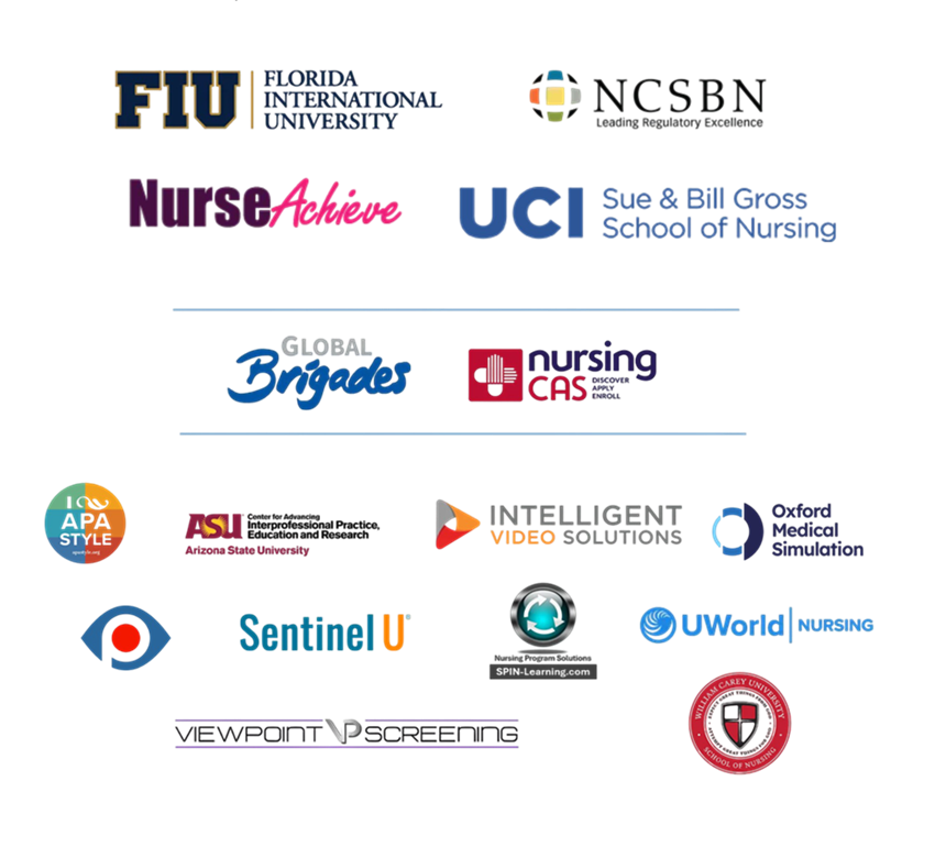 Florida International University logo, NCSBN logo, NurseAchieve logo, UCI Sue & Bill Gross School of Nursing logo, Global Brigades logo, NursingCAS logo, American Psychological Association logo, Arizona State University logo, Intelligent Video Solutions logo, Oxford Medical Simulation logo, Perrla, LLC logo, Sentinel U logo, SPIN-Learning logo, UWorld logo, Viewpoint Screening logo, William Carey University logo