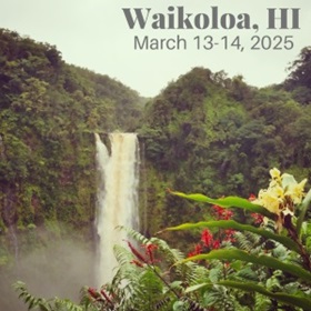 image of waterfall in forest reading "Waikoloa, HI, March 13-14, 2025"