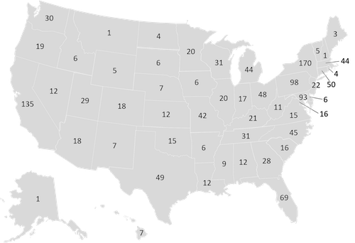 greyscale map of the US showing the number of Jonas Scholars per state