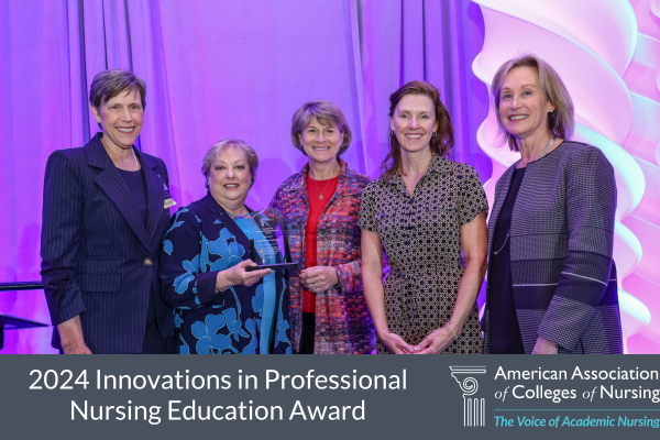 2024 Innovations in Professional Nursing Education Award Winner Photo with AACN Board Chair Jean Giddens, Old Dominion University, and AACN President and CEO Deborah Trautman