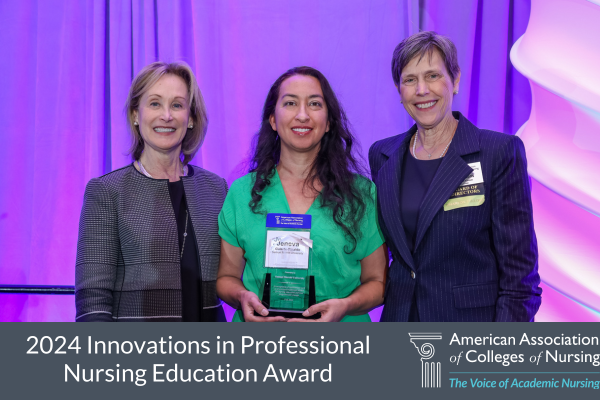 2024 Innovations in Professional Nursing Education Award Winner Photo with AACN Board Chair Jean Giddens, Samuel Merritt University, and AACN President and CEO Deborah Trautman