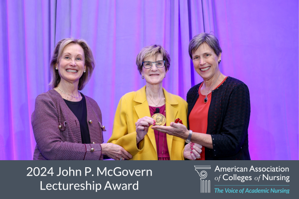 2024 John P. McGovern Lectureship Award photo with AACN President and CEO Deborah Trautman, John P. McGovern Lectureship Award Winner, Marion Broome, and AACN Board Chair Jean Giddens